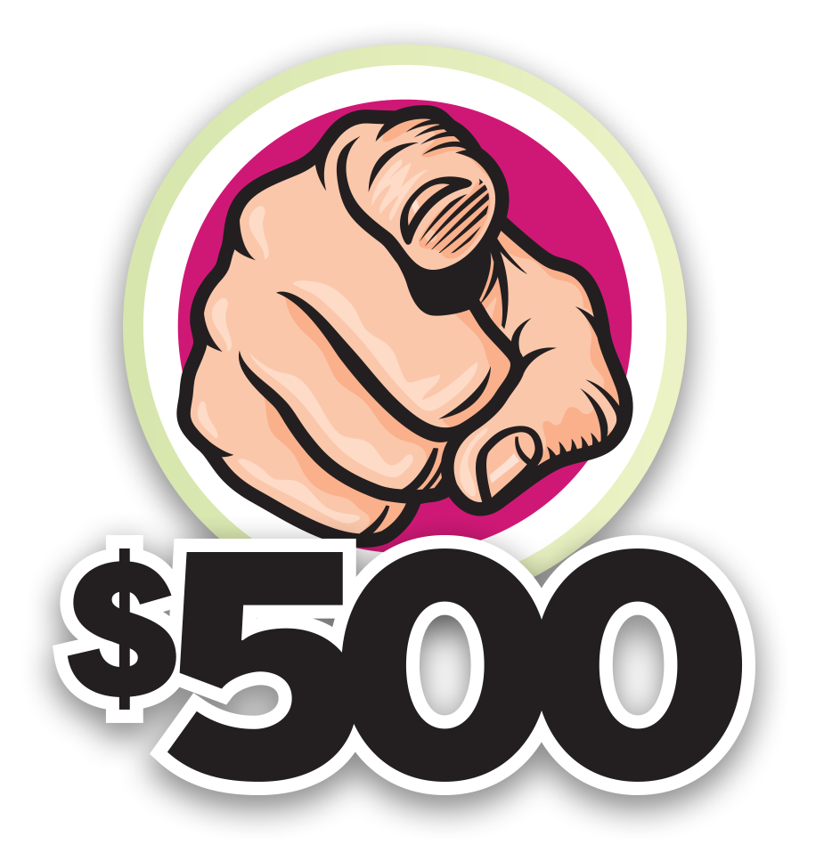 Graphic representing a 500 dollar prize that can be won by three people in the U.O.U. Sweepstakes