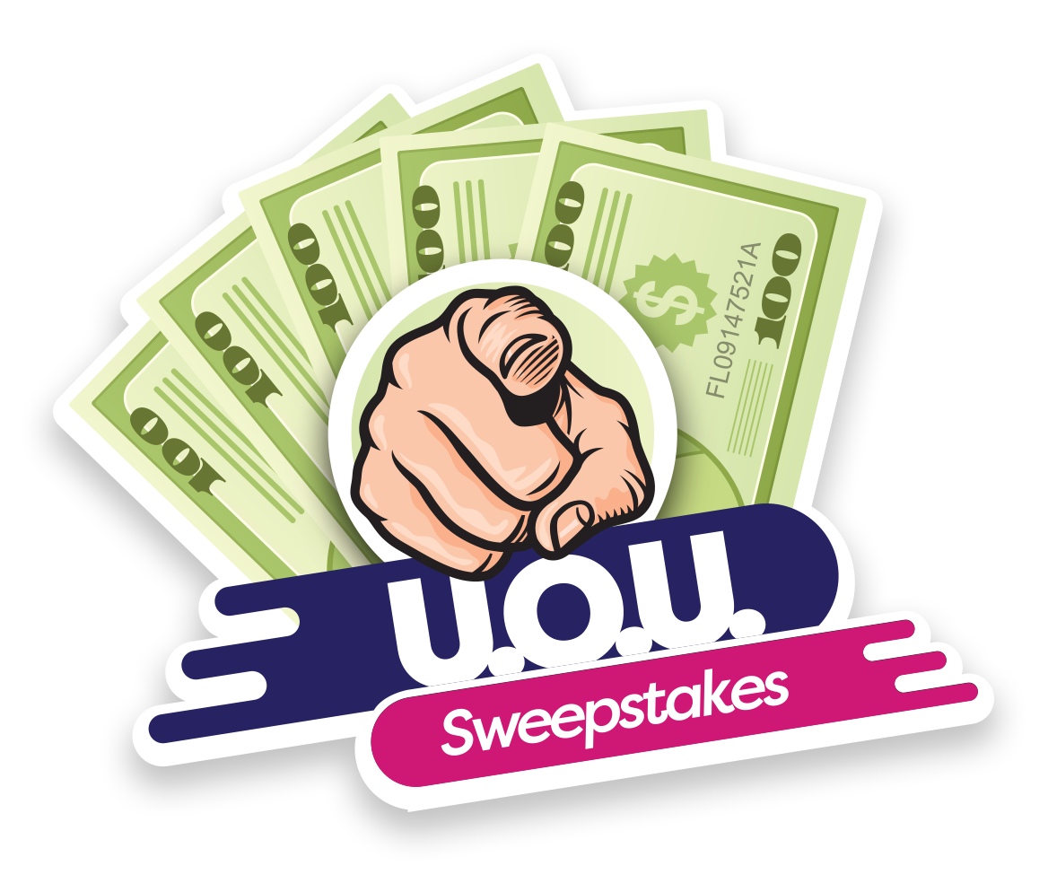 Logo representing the U.O.U. Sweepstakes that shows a finger pointing at you and five $100 bills in the background.
